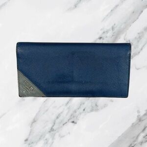 Prada Navy Saffiano Leather Continental Wallet With Silver Corner Logo
